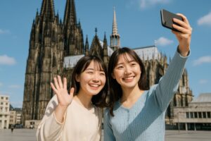 ケルン大聖堂を背景に自撮りを楽しむ日本人女性二人
