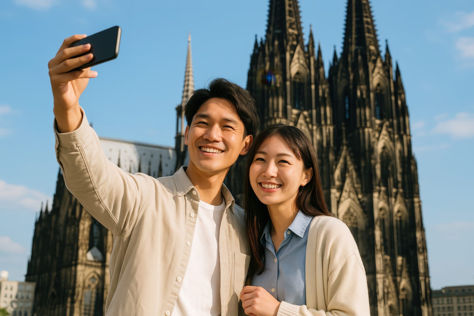 ケルン大聖堂前で記念撮影をする日本人カップル