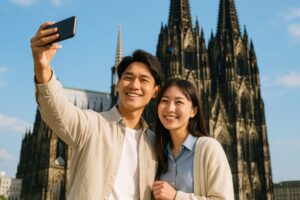 ケルン大聖堂前で記念撮影をする日本人カップル