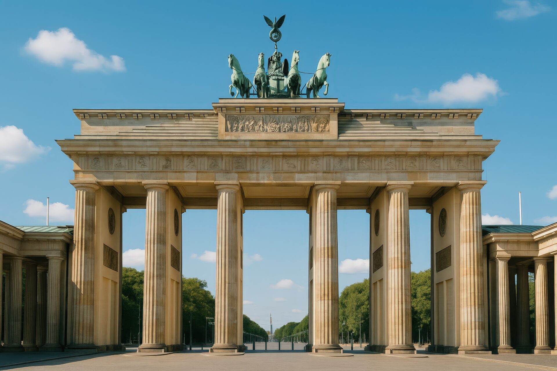 ブランデンブルク門の正面を晴天の下で撮影した風景