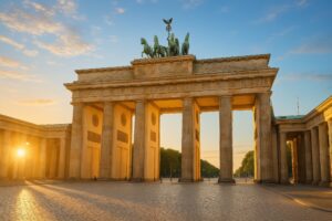 朝日が差し込むブランデンブルク門と石畳の広場