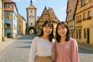 ローテンブルクの街並みで笑顔を見せる若い女性二人