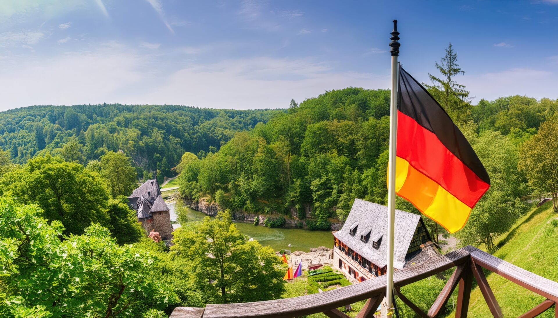 緑豊かな風景とドイツの国旗