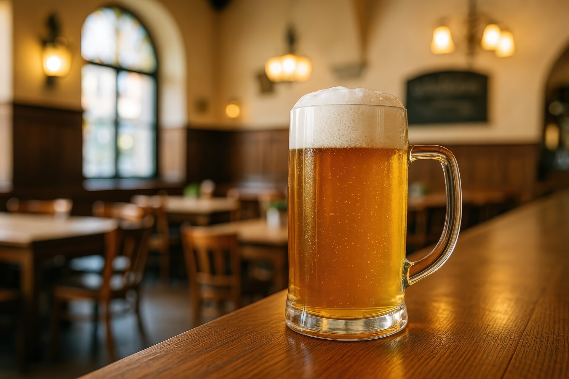 木製テーブルに置かれたジョッキのドイツビールと伝統的な店内