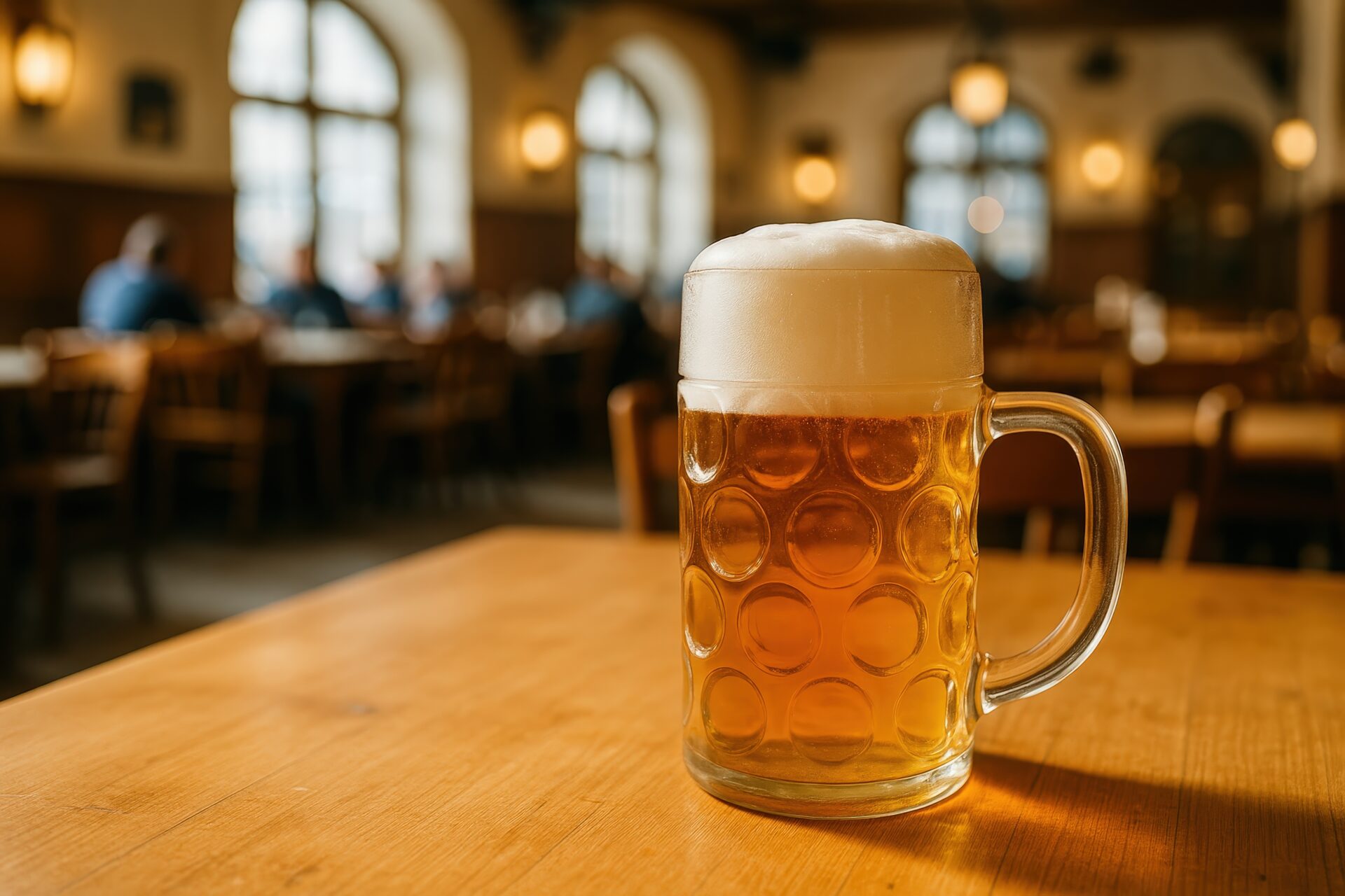 ドイツのビアホールで注がれた泡立つビールのジョッキ