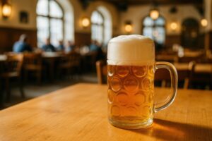 ドイツのビアホールで注がれた泡立つビールのジョッキ