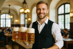 笑顔でビールを運ぶ男性スタッフとドイツのビアホールの風景