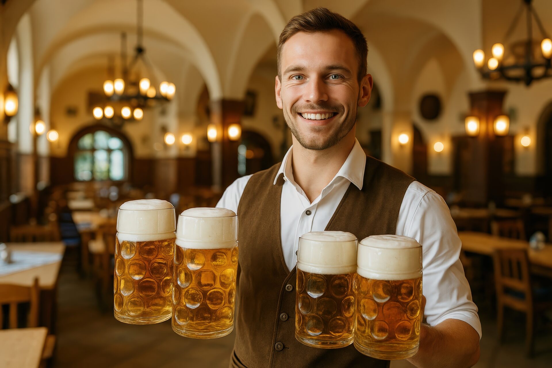 複数のビールジョッキを持つ笑顔の男性スタッフ