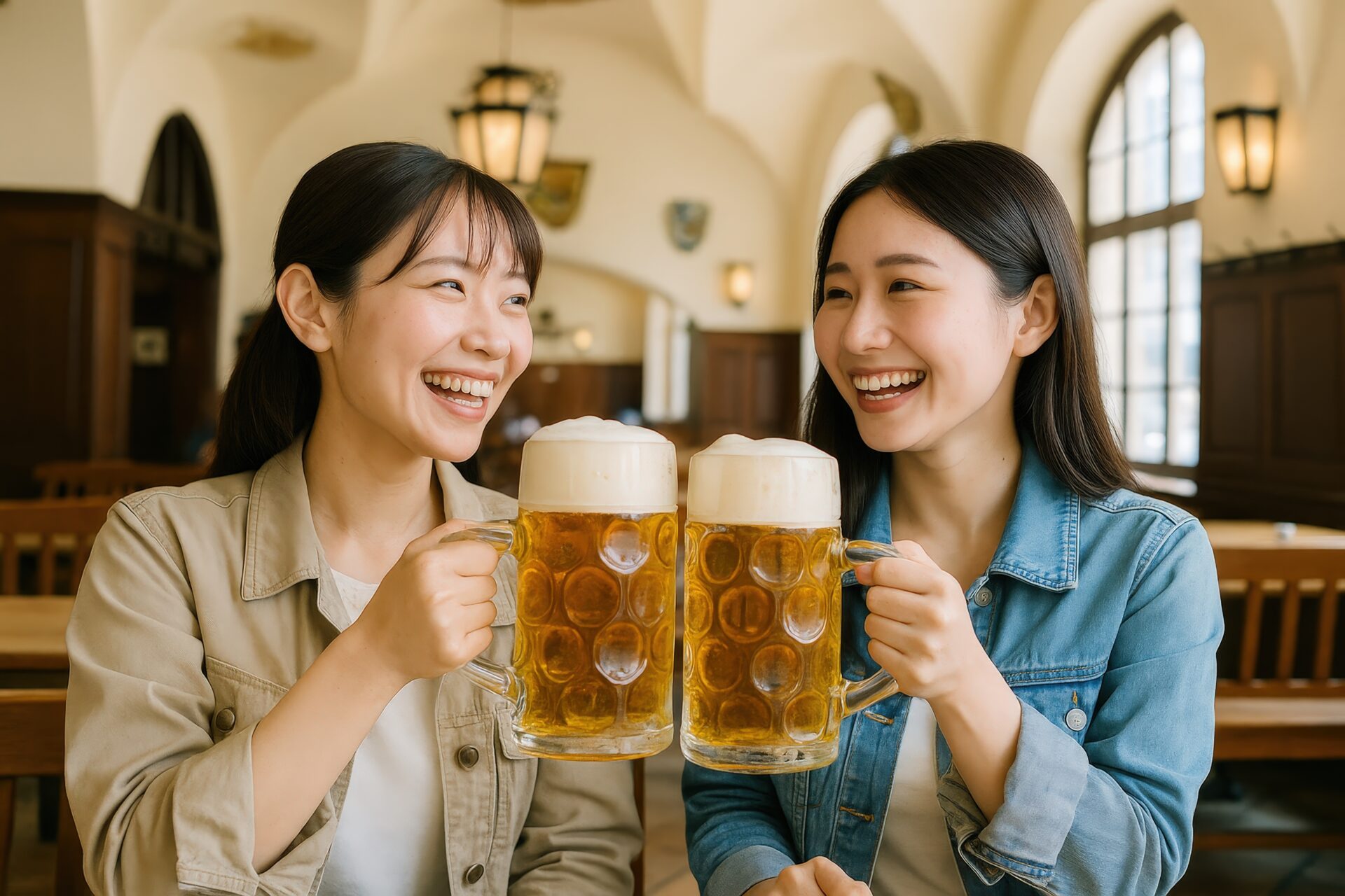 ビアホールで乾杯する笑顔の若い女性二人