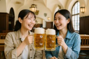 ビアホールで乾杯する笑顔の若い女性二人