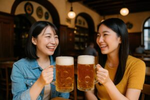 グラスを手に笑顔で向き合う若い女性二人の乾杯シーン