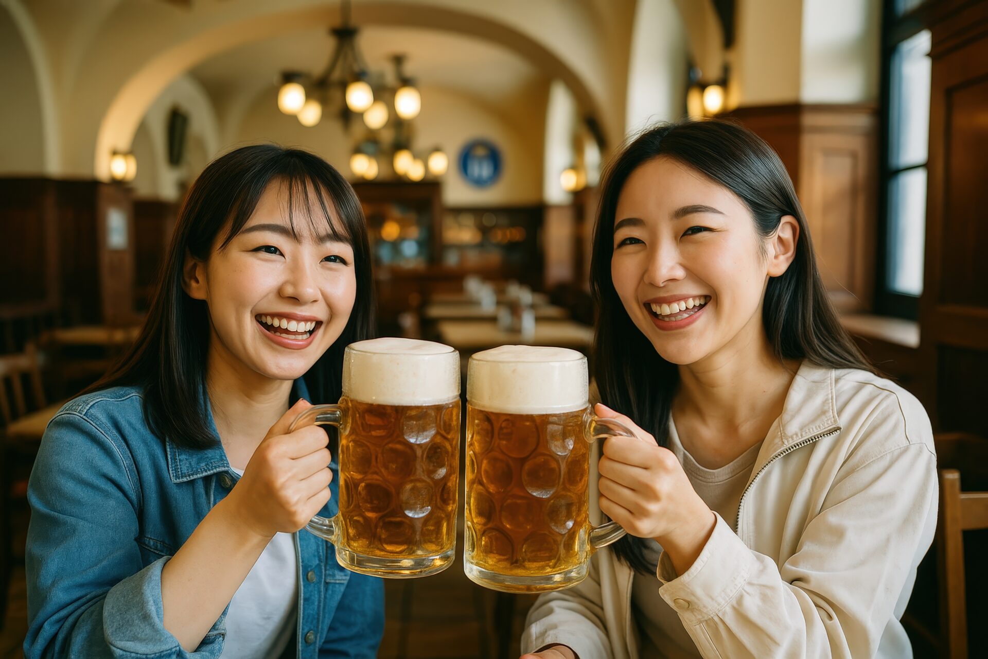 ドイツビアホールでビールを楽しむ若い女性二人の笑顔