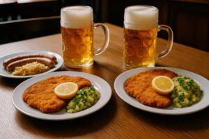 ビールジョッキとシュニッツェルの盛り合わせプレート