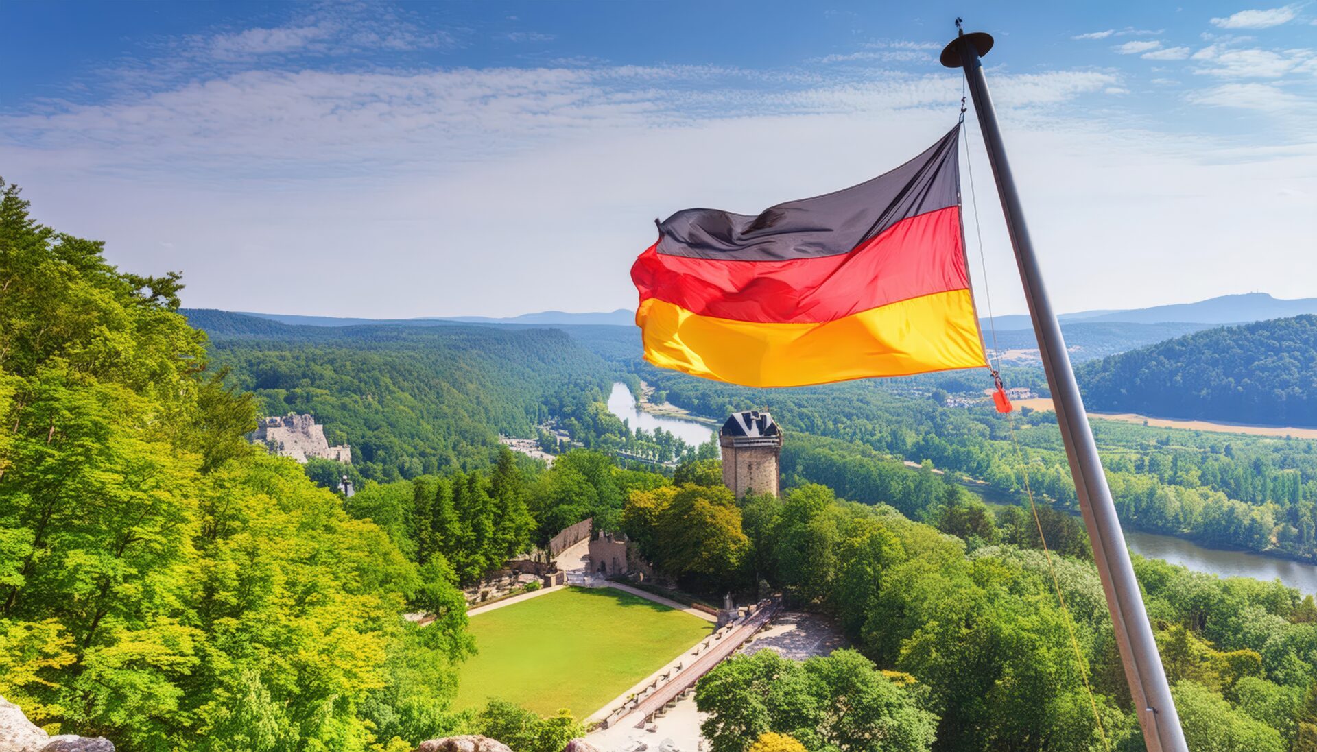 ドイツの城と国旗が映える風景