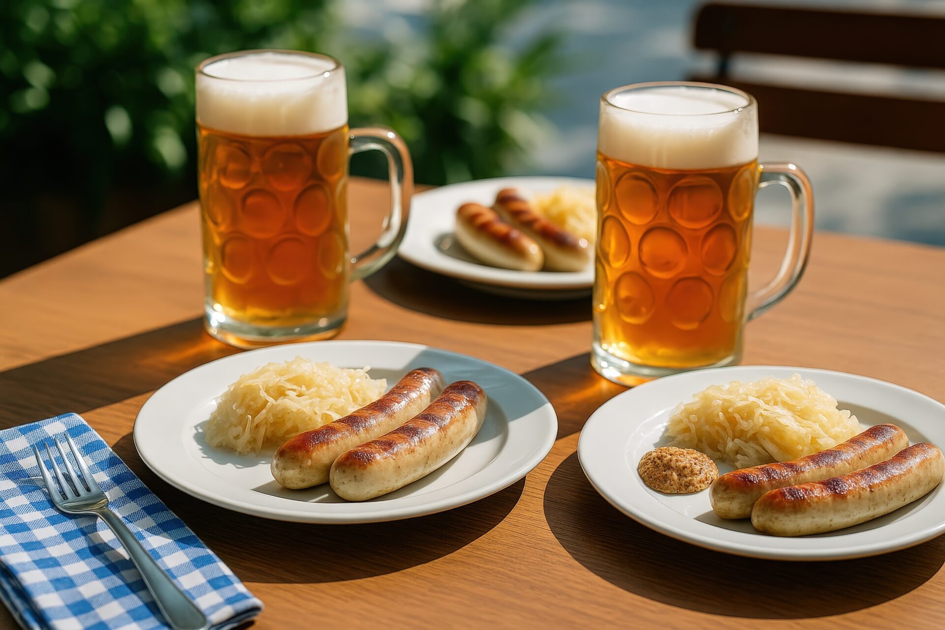 屋外テーブルに並ぶビールと焼きソーセージのプレート