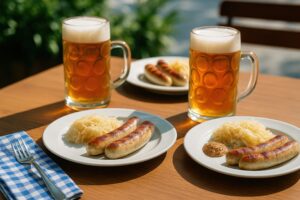 屋外テーブルに並ぶビールと焼きソーセージのプレート