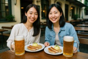 ドイツ料理を楽しむ笑顔の若い女性二人組