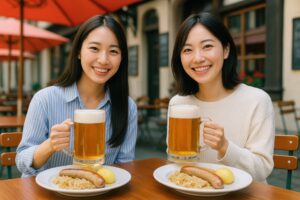 ビールジョッキを持って笑顔を見せる女性二人