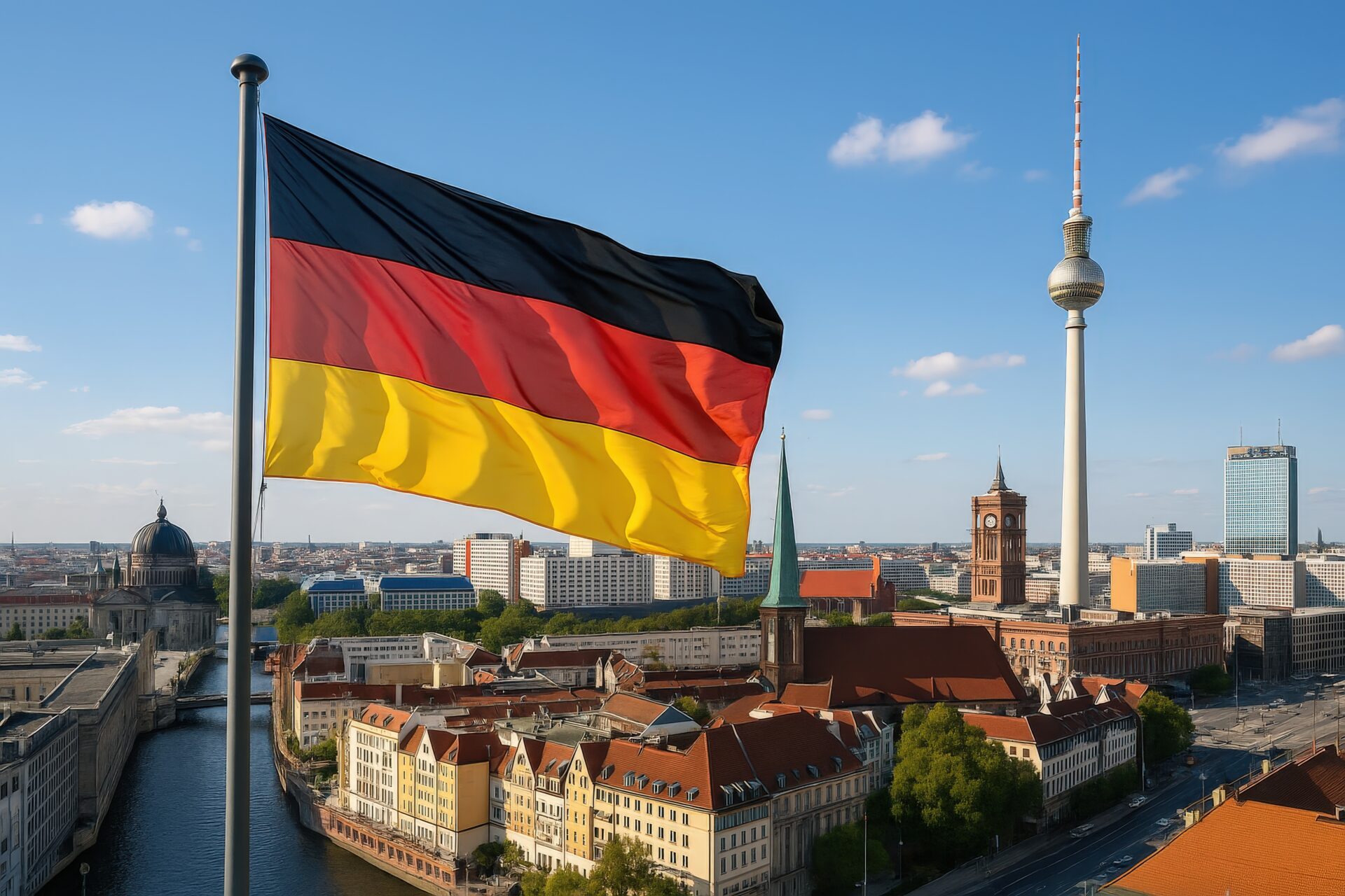 ドイツ国旗とベルリン市街の風景
