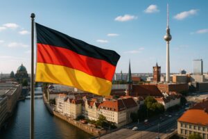 ベルリンの街並みとたなびくドイツ国旗