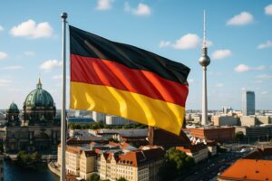 ドイツ国旗越しに望むベルリン大聖堂とテレビ塔