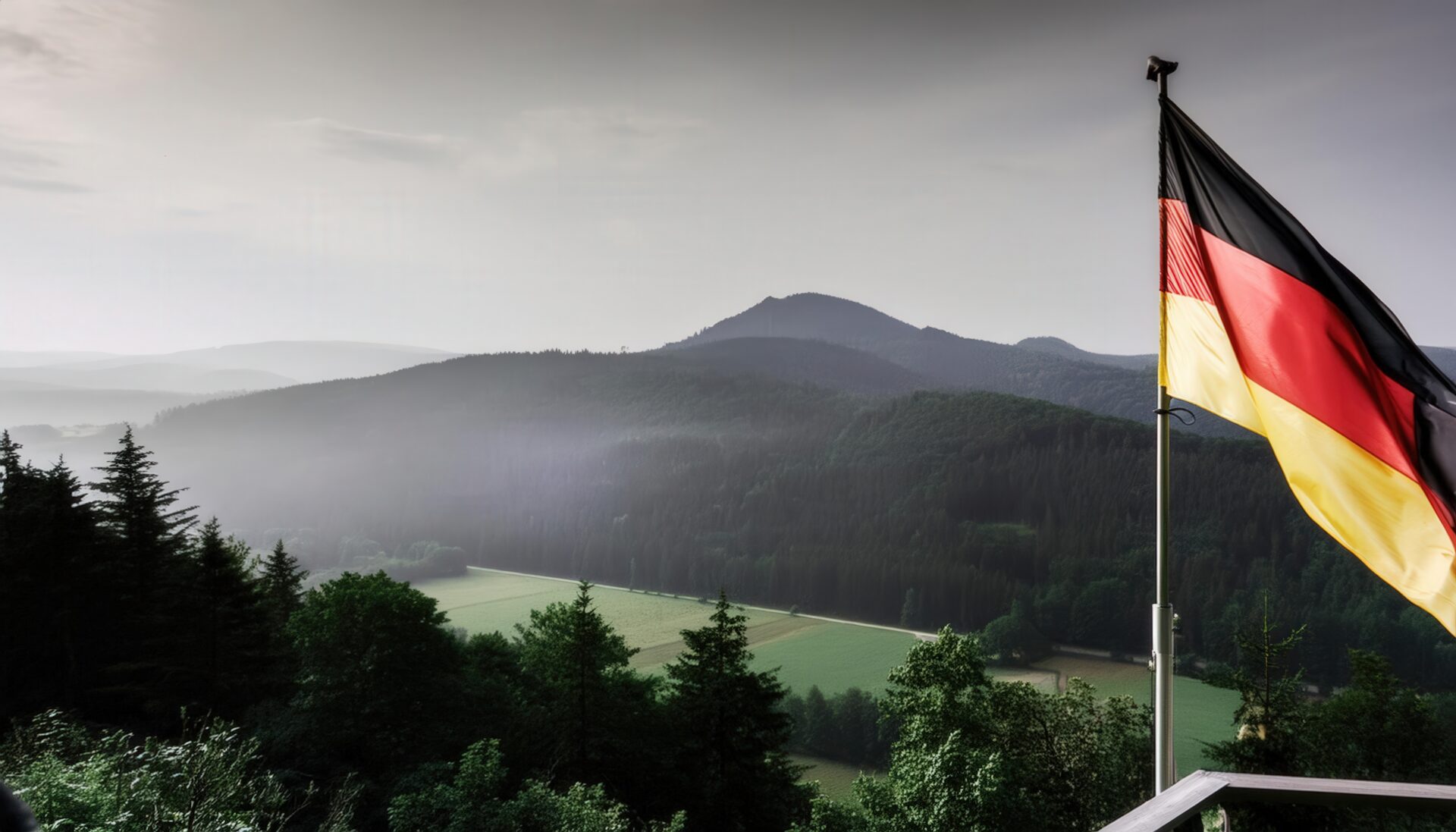 朝靄の中の山とドイツの国旗