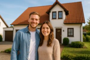 住宅街でポーズをとる若いドイツ人カップル