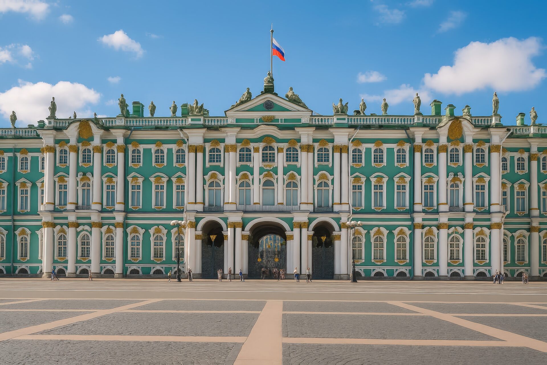 正面から見たエルミタージュ美術館とロシア国旗