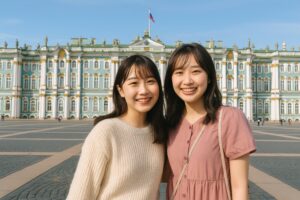 エルミタージュ美術館前で観光を楽しむ若い女性二人