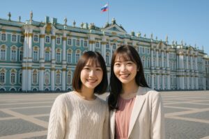 ロシア観光中の女性二人がエルミタージュ美術館前で笑顔