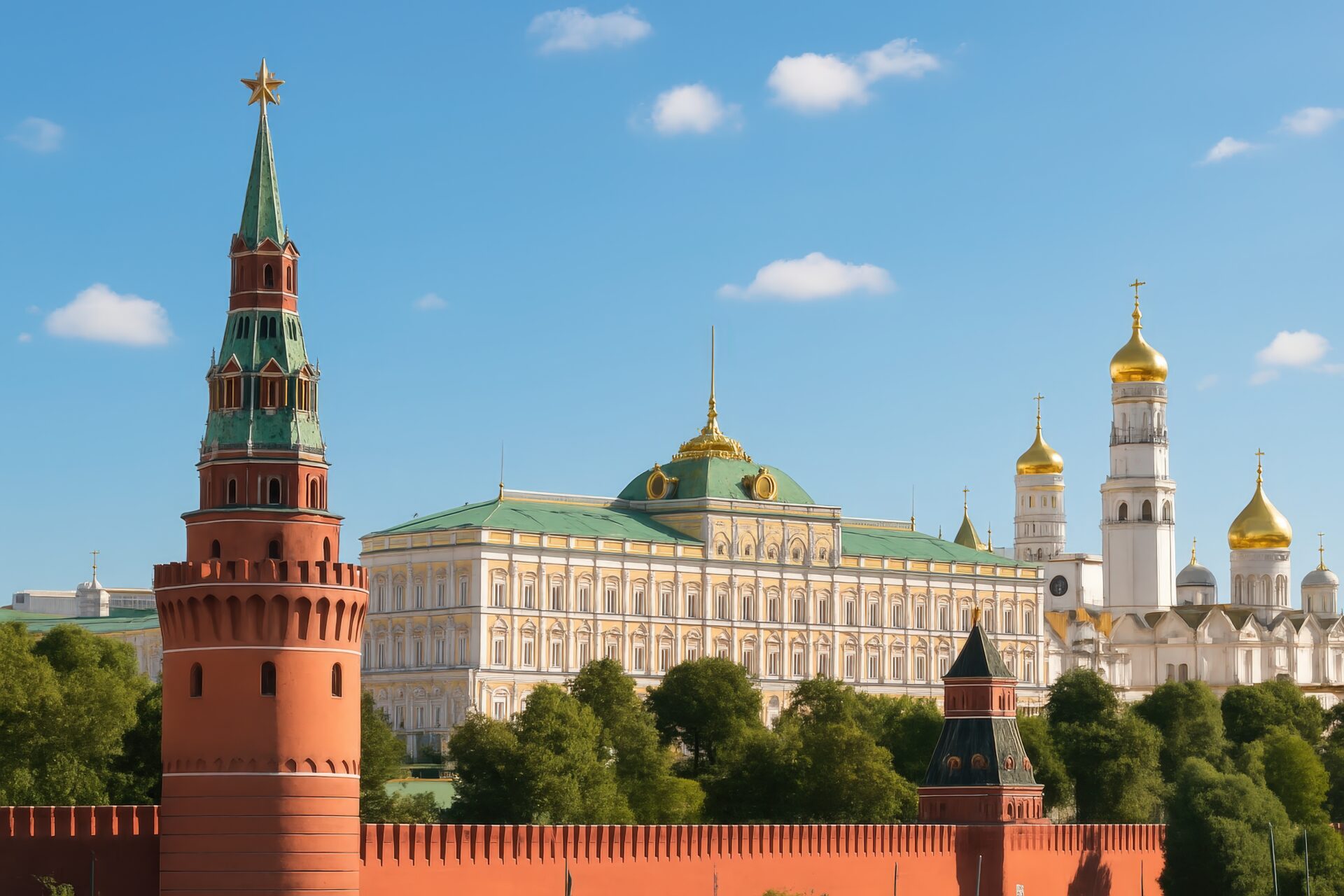 赤い塔と黄金ドームの大聖堂が並ぶクレムリンの景観