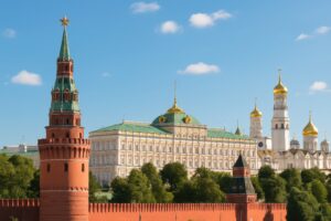 赤い塔と黄金ドームの大聖堂が並ぶクレムリンの景観