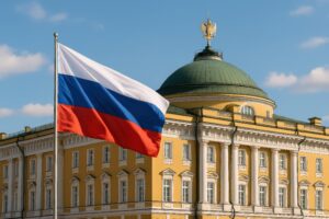 ロシア国旗とクレムリンの黄色い建物のクローズアップ