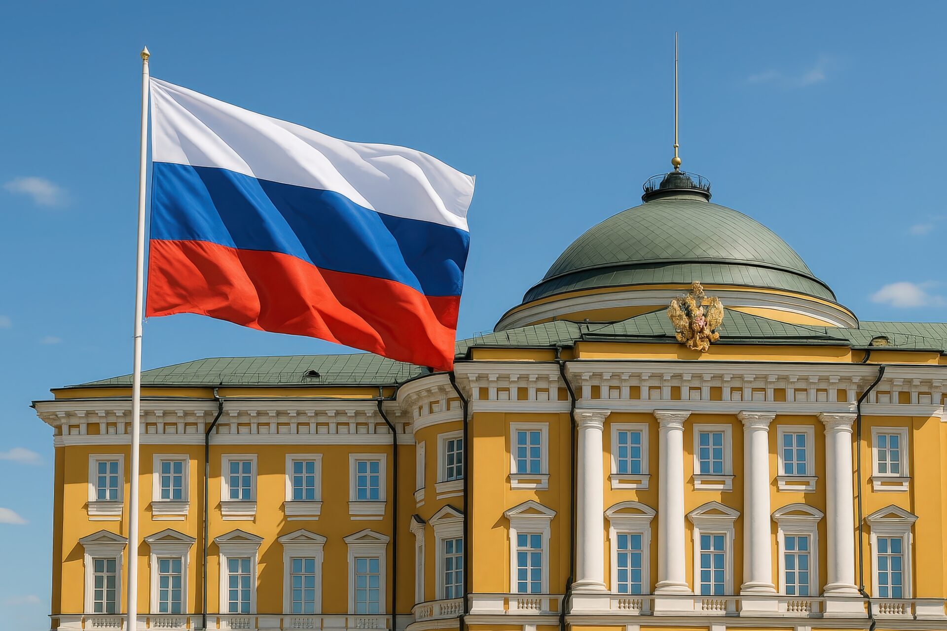 ロシア国旗がはためくクレムリン建物の正面カット