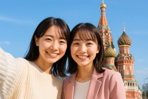 聖ワシリイ大聖堂を背景に自撮りする若い日本人女性二人