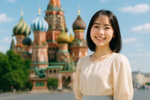 聖ワシリイ大聖堂前で微笑む若い日本人女性