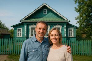 ロシアの民家の前で笑顔を見せるロシア人カップル