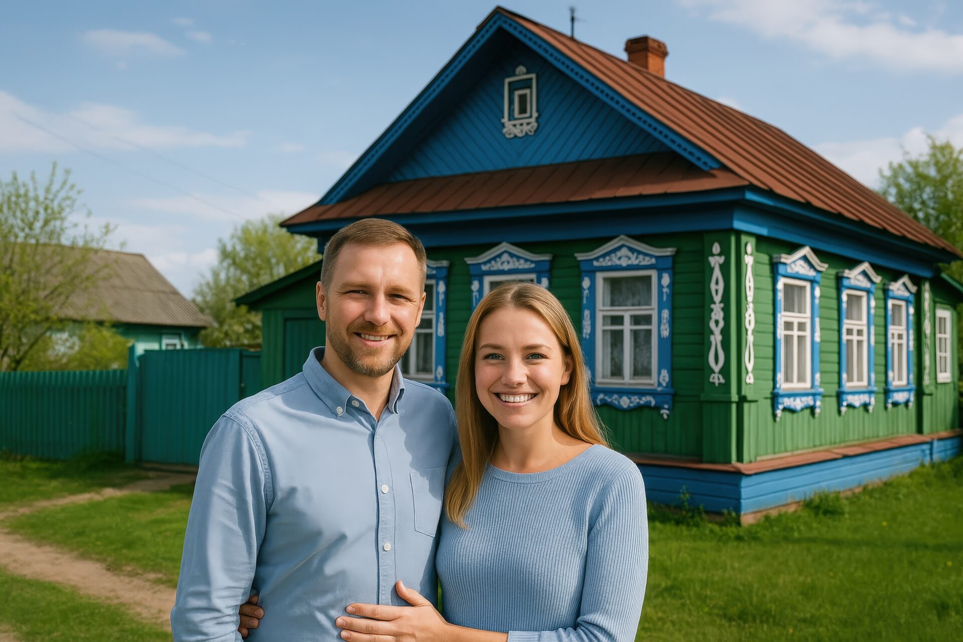 伝統的な木造住宅の前に立つロシア人カップル