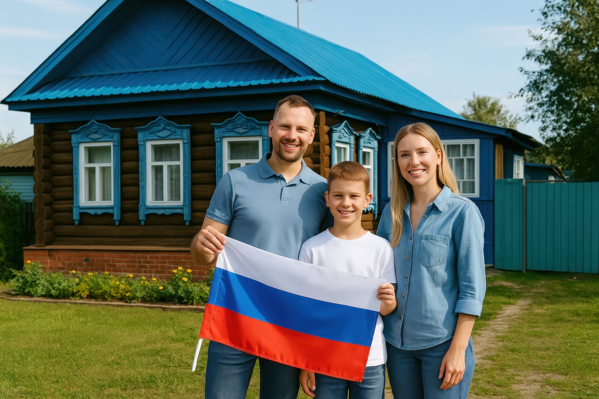 ロシア国旗を持って記念撮影するロシア人家族三人