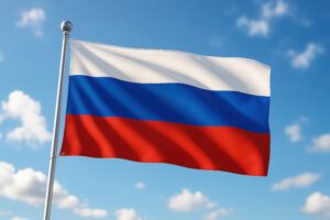 青空を背景に風になびくロシア国旗