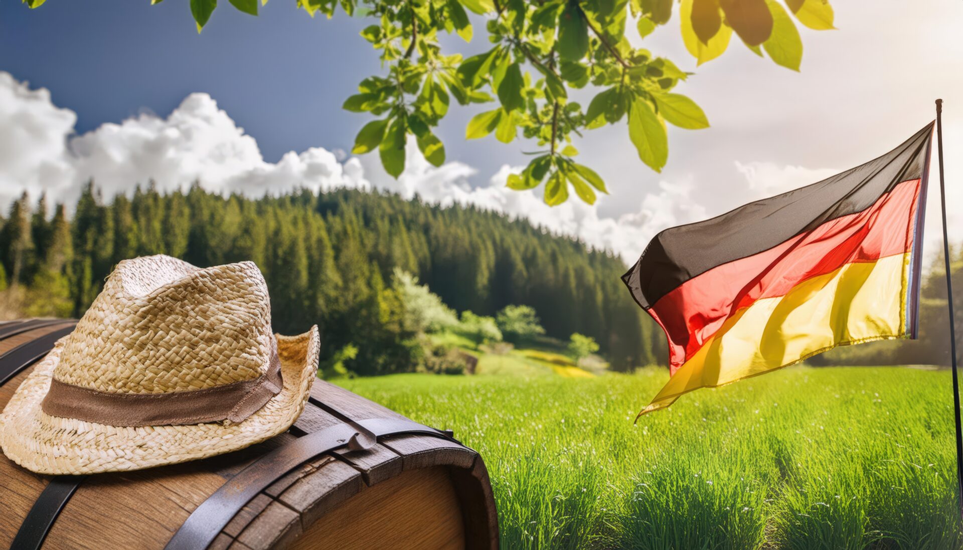 麦わら帽子とドイツの国旗がある草原