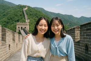 万里の長城で笑顔で並ぶ若い女性二人