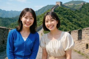 万里の長城を背景に笑顔でポーズをとる女性二人