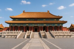 紫禁城の正門と石段のシンメトリックな風景