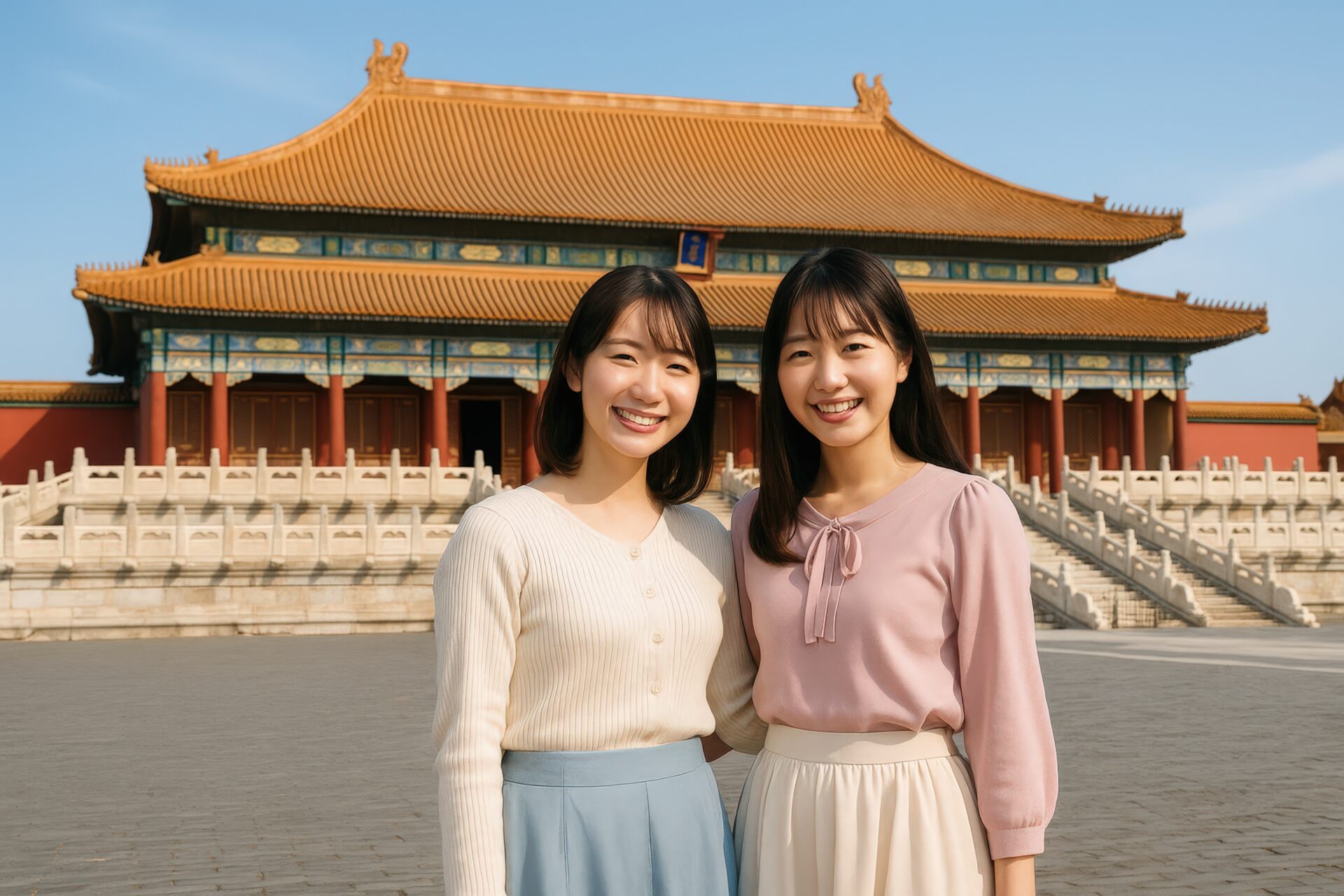 紫禁城を背景に微笑む若い女性二人