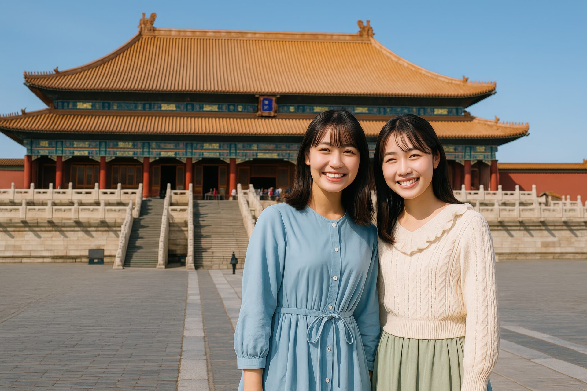 紫禁城前で寄り添う若い女性二人の笑顔