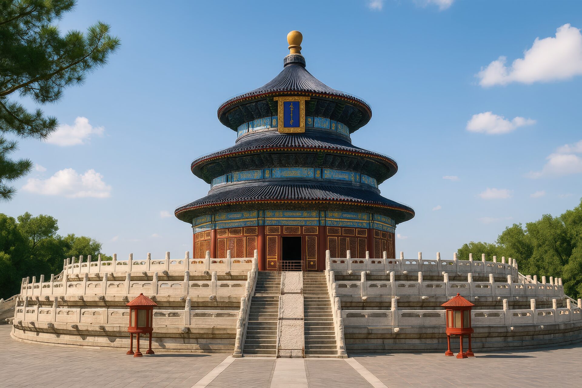 樹木に囲まれた天壇の祈年殿と青空