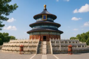 樹木に囲まれた天壇の祈年殿と青空