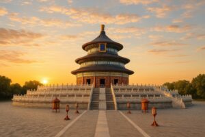 夕暮れに照らされる天壇の祈年殿と雲の空