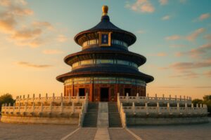 夕陽を背景にした荘厳な天壇祈年殿